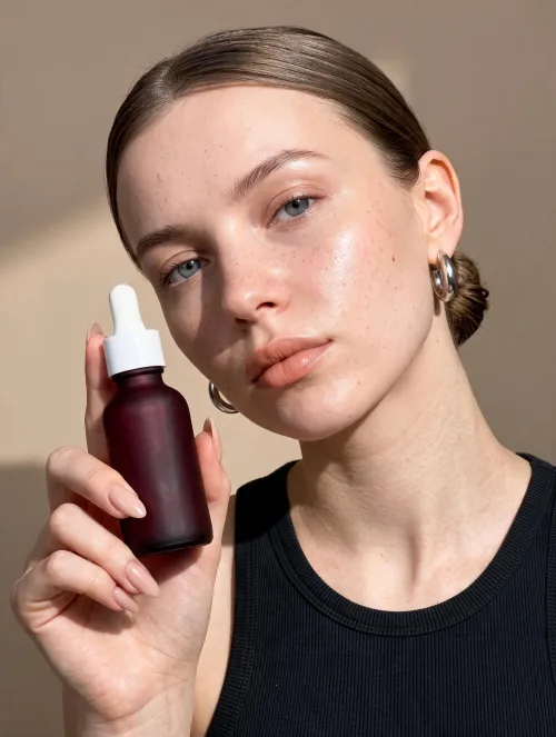 Made on Blogent: skincare product portrait, woman holding a serum dropper to camera, dewy skin, black top, soft directional light…